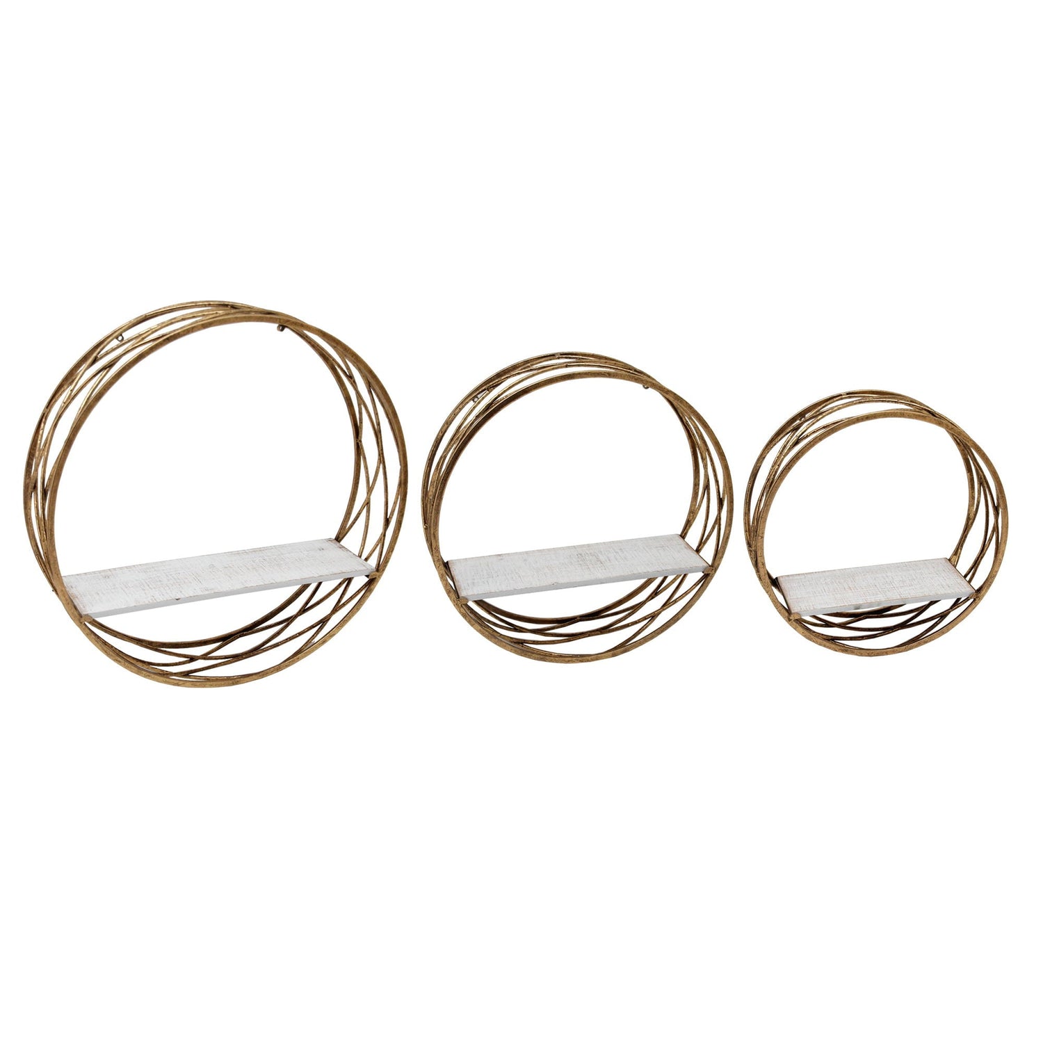 Metal Round Wall Shelves (Set of 3) - White / Gold