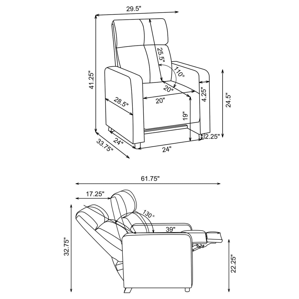 600181 Toohey Upholstered Home Theater Push Back Recliner Black