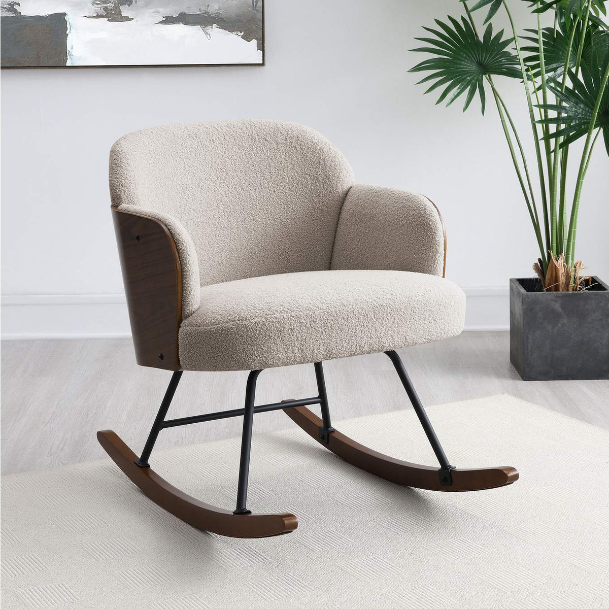 602625 Paige Boucle Upholstered Mid Back Rocking Chair Beige