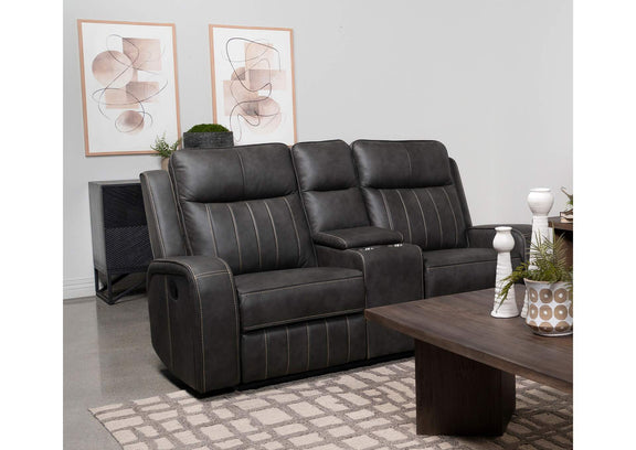 603192 Raelynn Upholstered Track Arm Motion Loveseat Grey