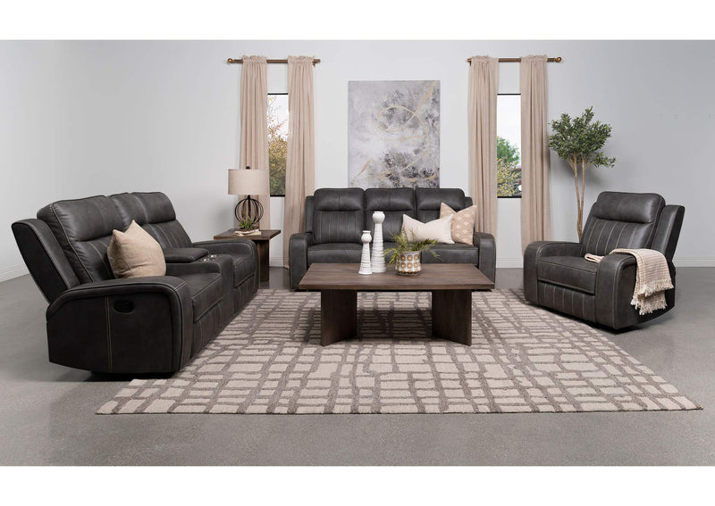 603192 Raelynn Upholstered Track Arm Motion Loveseat Grey