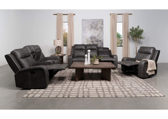 603192 Raelynn Upholstered Track Arm Motion Loveseat Grey