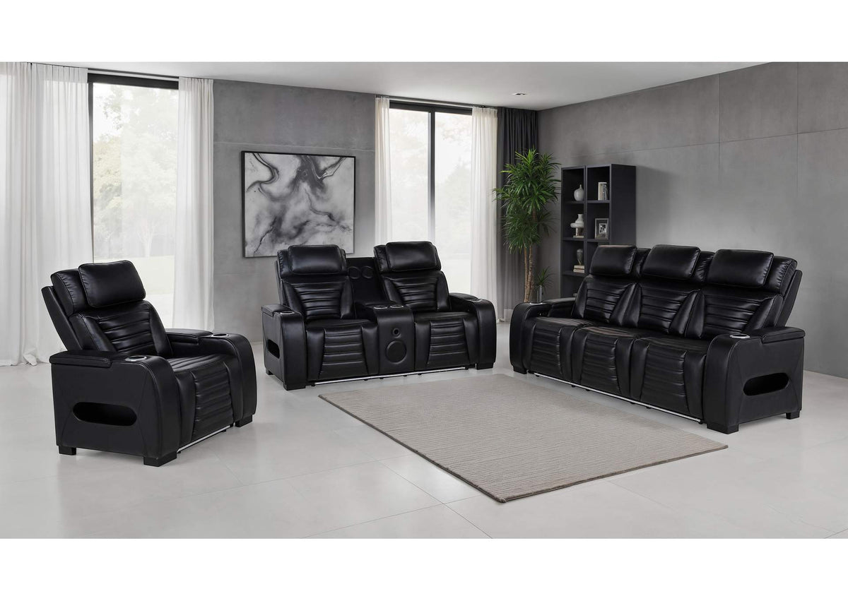 603251PP-S3 Zuma 3-piece Faux Leather Dual Power LED Sofa Set Black