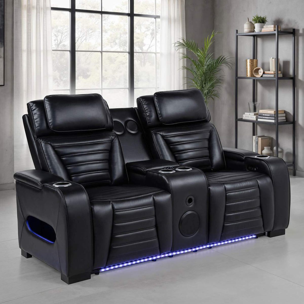 603252PP Zuma Faux Leather Dual Power Reclining LED Loveseat Black