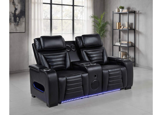603252PP Zuma Faux Leather Dual Power Reclining LED Loveseat Black