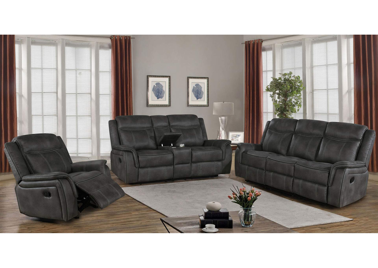 Lawrence 3-piece Upholstered Reclining Sofa Set Charcoal