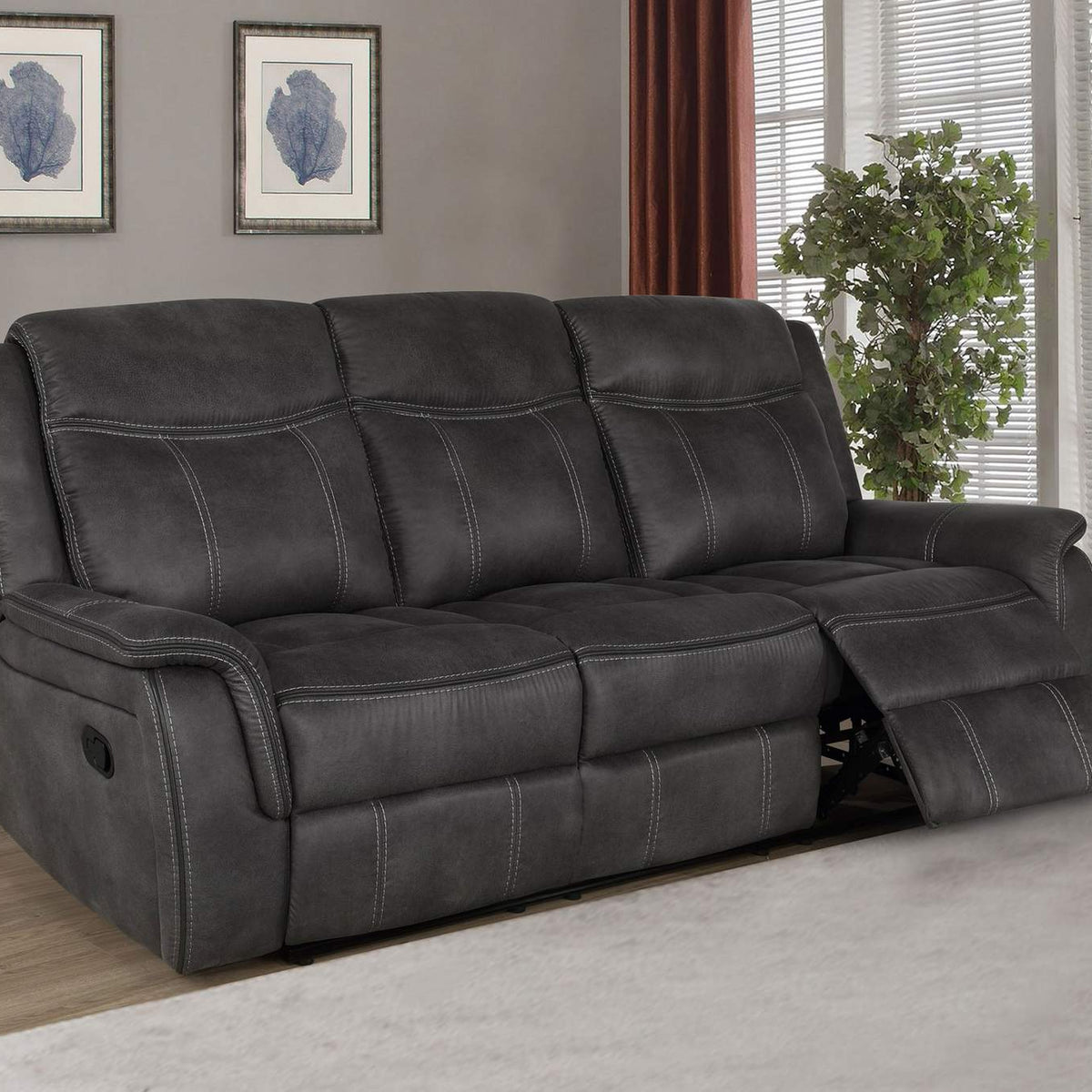603504 Lawrence Upholstered Padded Arm Reclining Sofa Charcoal
