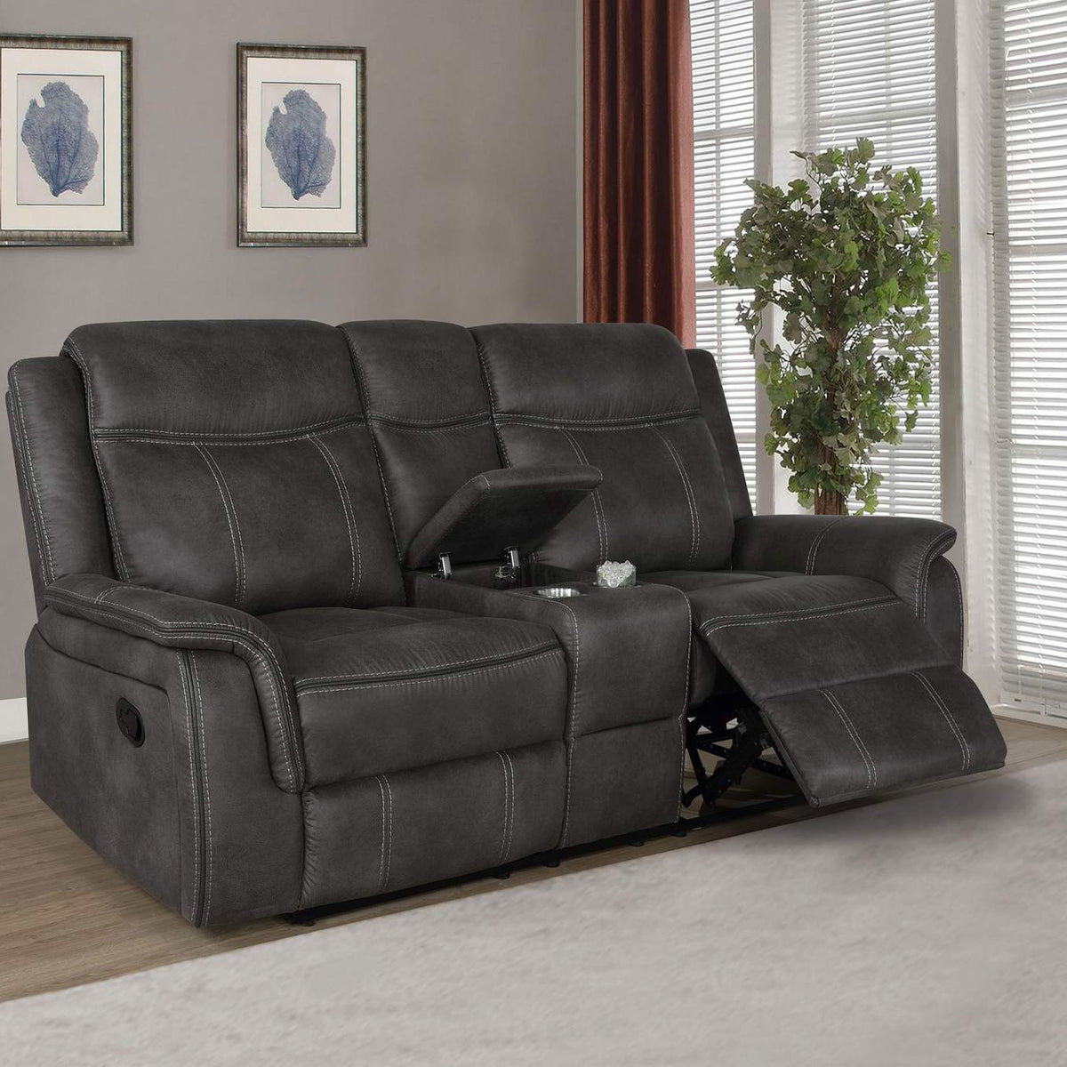 603505 Lawrence Upholstered Padded Arm Reclining Loveseat Charcoal