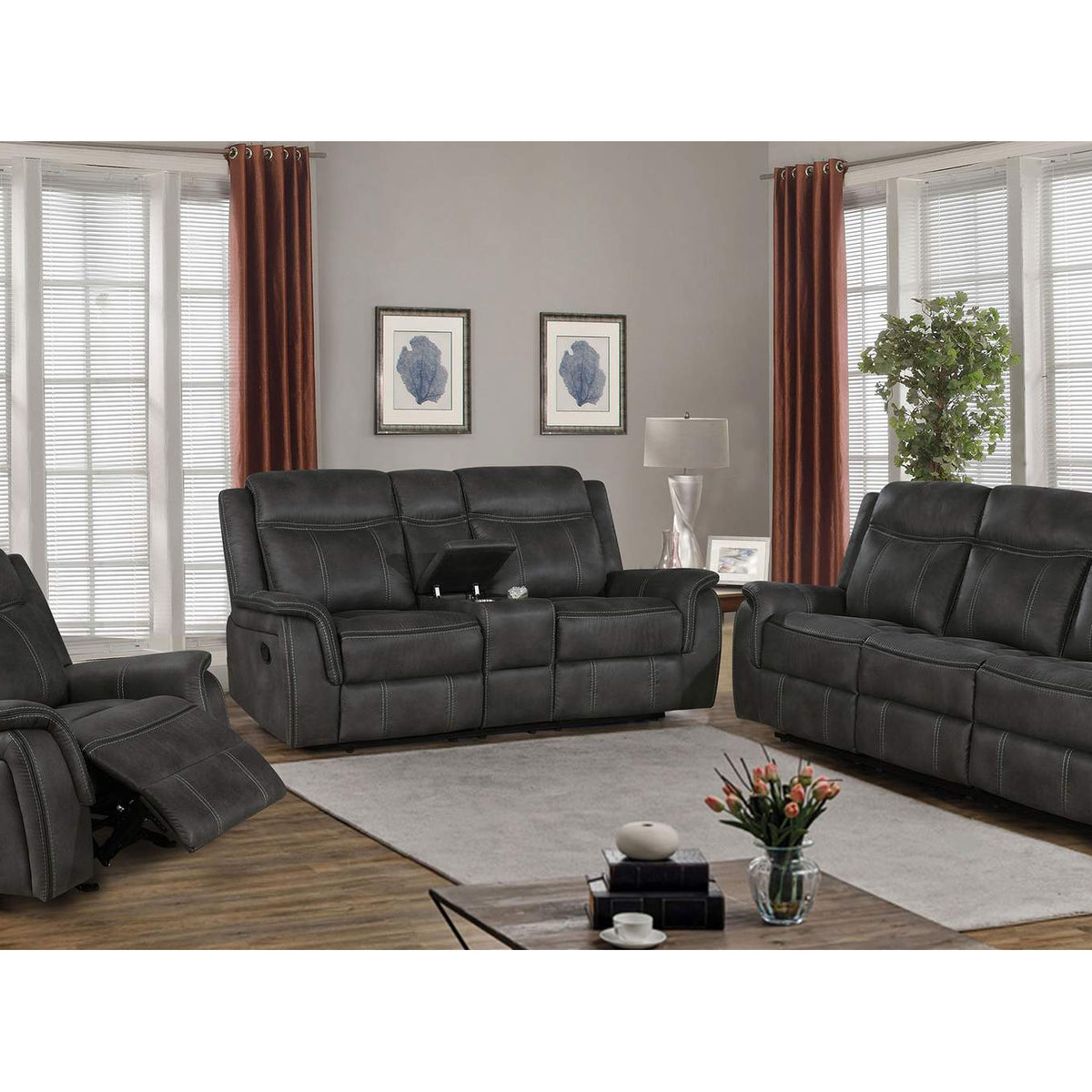 603505 Lawrence Upholstered Padded Arm Reclining Loveseat Charcoal