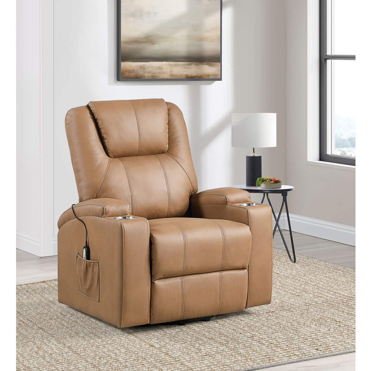 609476P Armstrong Upholstered Power Lift Massage Recliner Camel