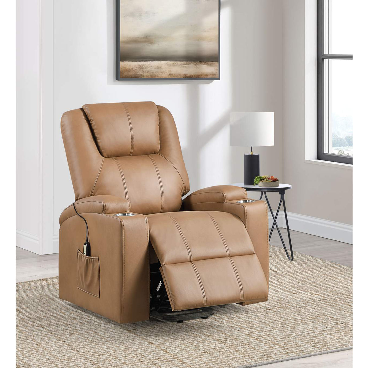 609476P Armstrong Upholstered Power Lift Massage Recliner Camel