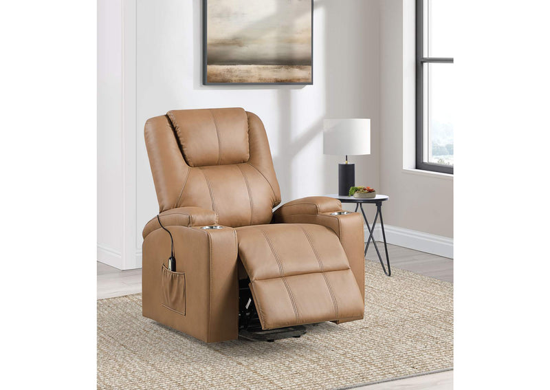 609476P Armstrong Upholstered Power Lift Massage Recliner Camel