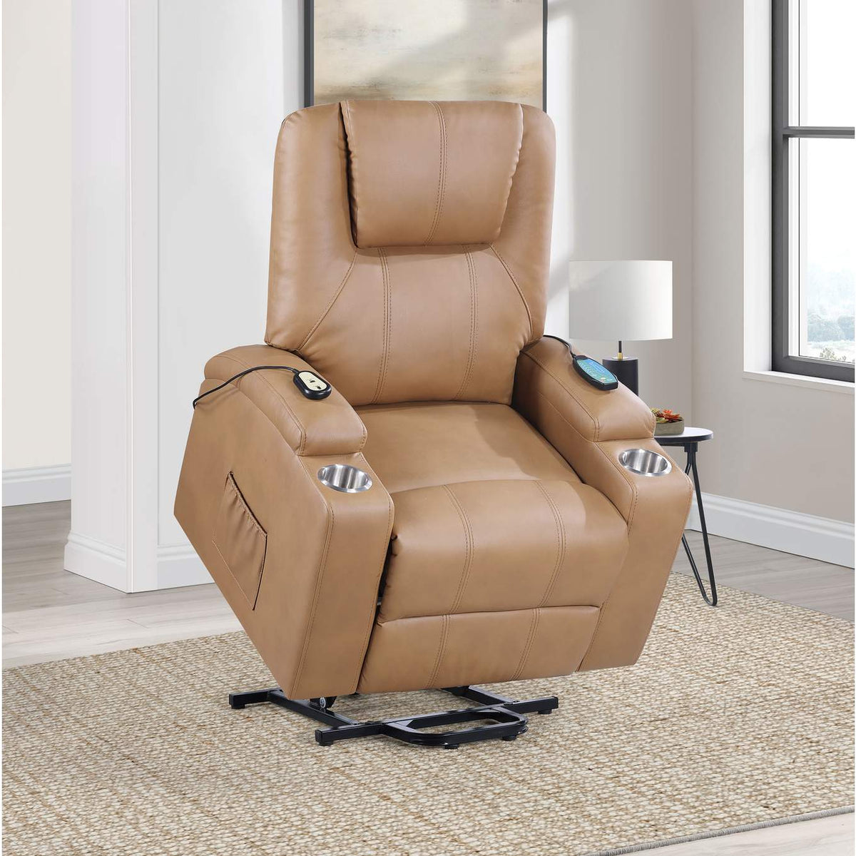 609476P Armstrong Upholstered Power Lift Massage Recliner Camel