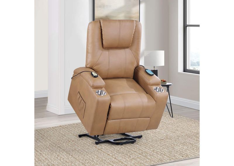 609476P Armstrong Upholstered Power Lift Massage Recliner Camel