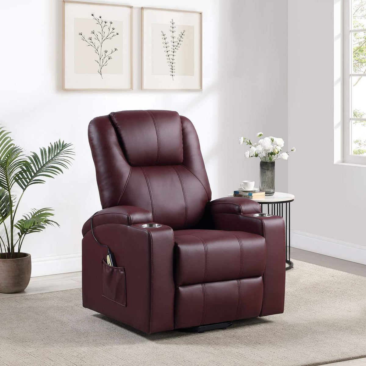 609479P Armstrong Upholstered Power Lift Massage Recliner Wine