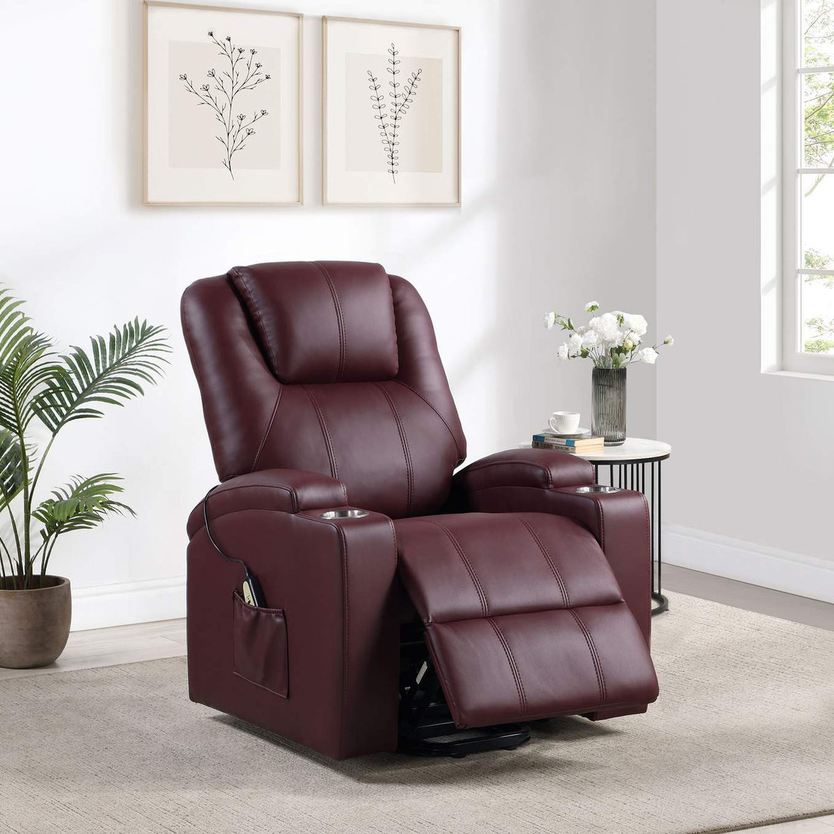 609479P Armstrong Upholstered Power Lift Massage Recliner Wine