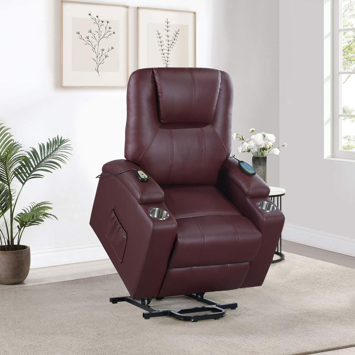 609479P Armstrong Upholstered Power Lift Massage Recliner Wine