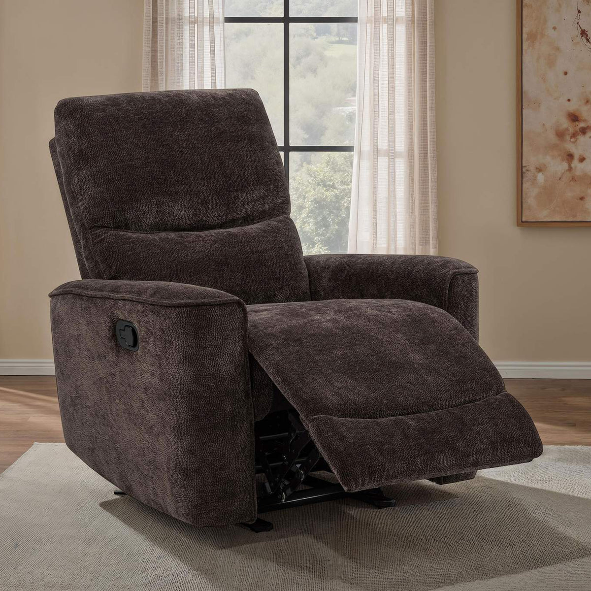 609573 Navarro Chenille Upholstered Glider Recliner Dark Brown