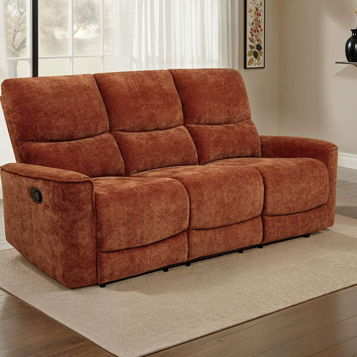 609574 Navarro Chenille Upholstered Reclining Sofa Burnt Orange
