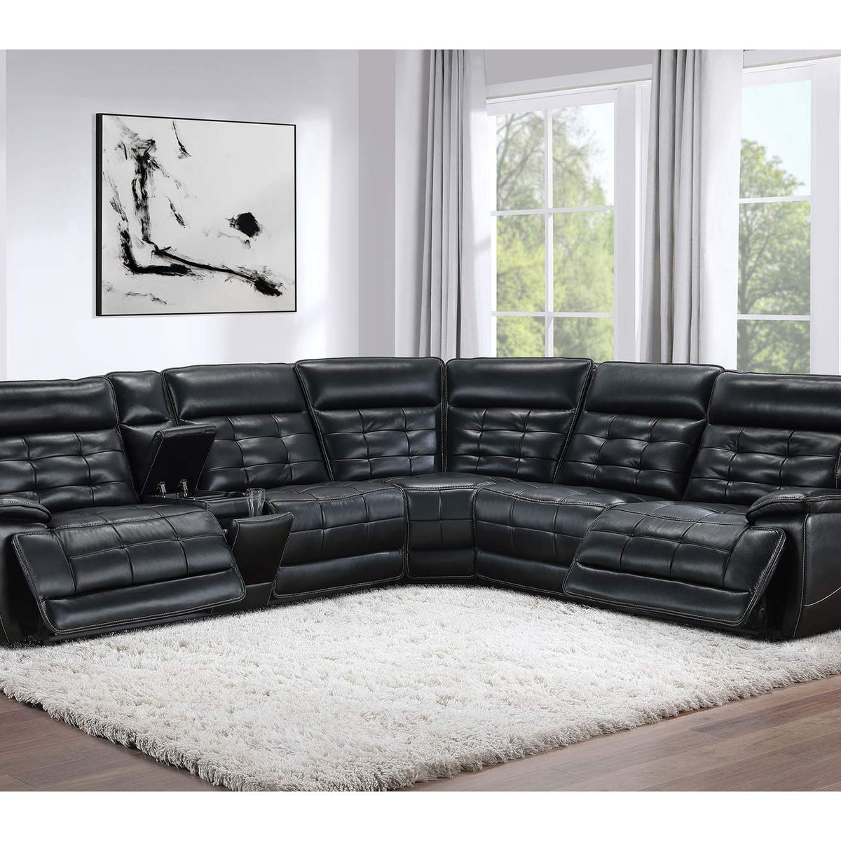 609610PP Hewitt Leather Dual Power Reclining Sectional Sofa Black