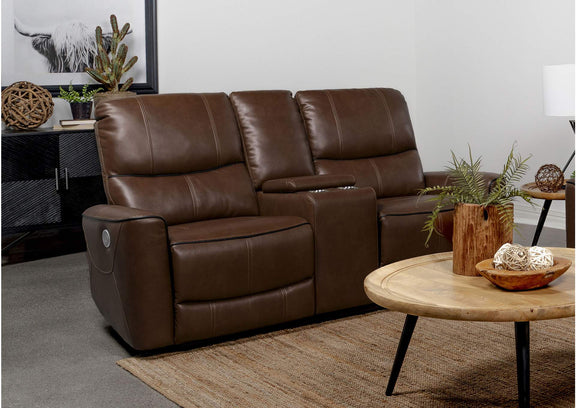 610265P Greenfield Upholstered Power Reclining Loveseat Saddle Brown