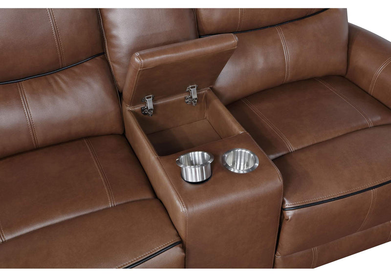 610265P Greenfield Upholstered Power Reclining Loveseat Saddle Brown