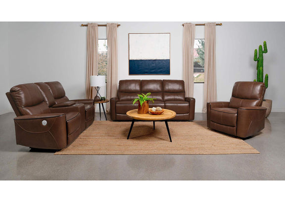 610265P Greenfield Upholstered Power Reclining Loveseat Saddle Brown