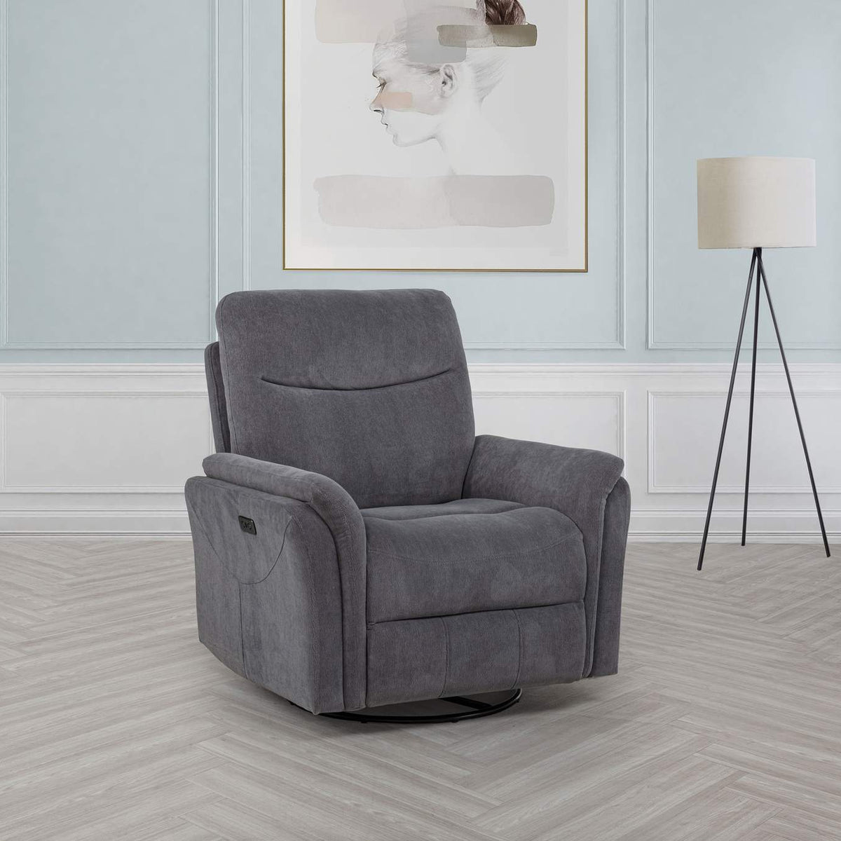 610443P Adler Upholstered Power Swivel Glider Recliner Charcoal Grey