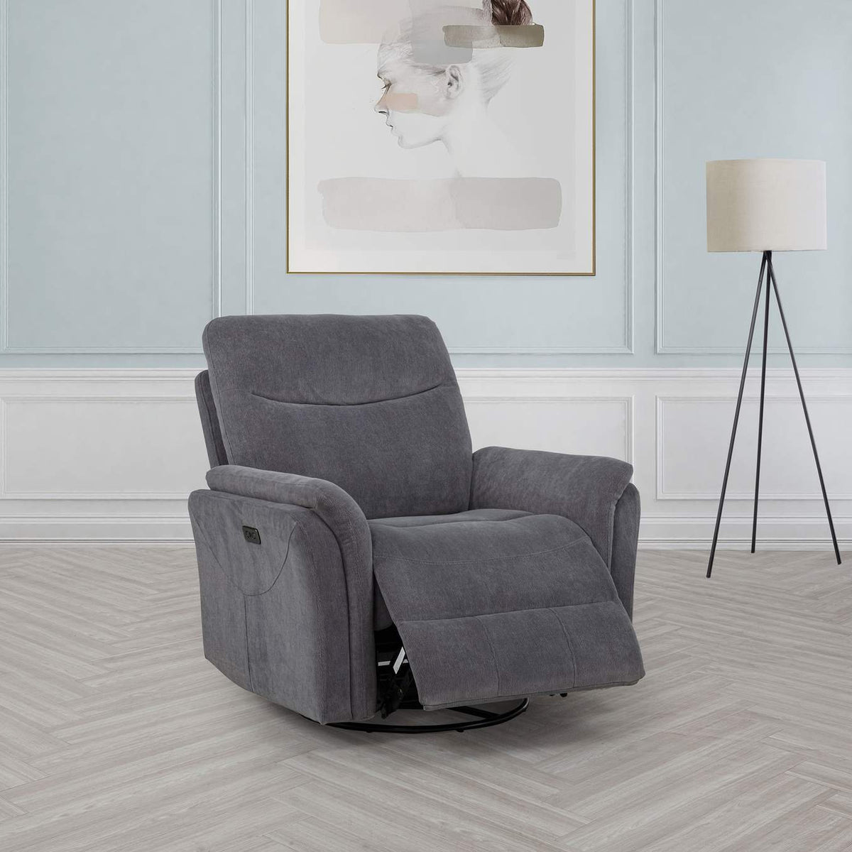 610443P Adler Upholstered Power Swivel Glider Recliner Charcoal Grey