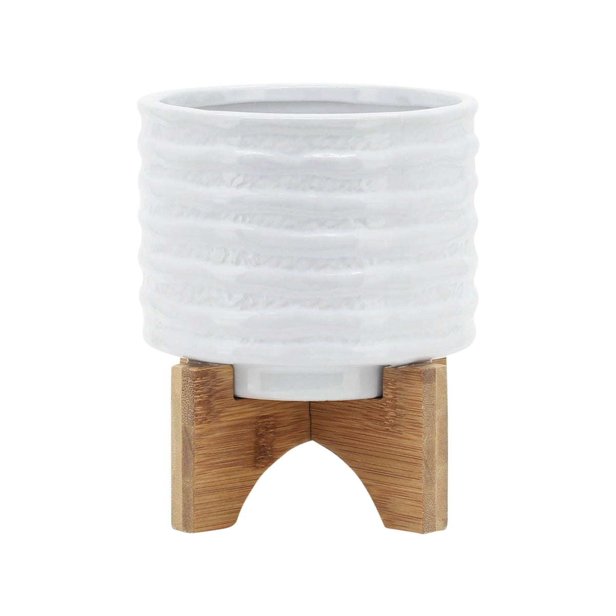 Ceramic Stripe Planter On Stand 5" - White