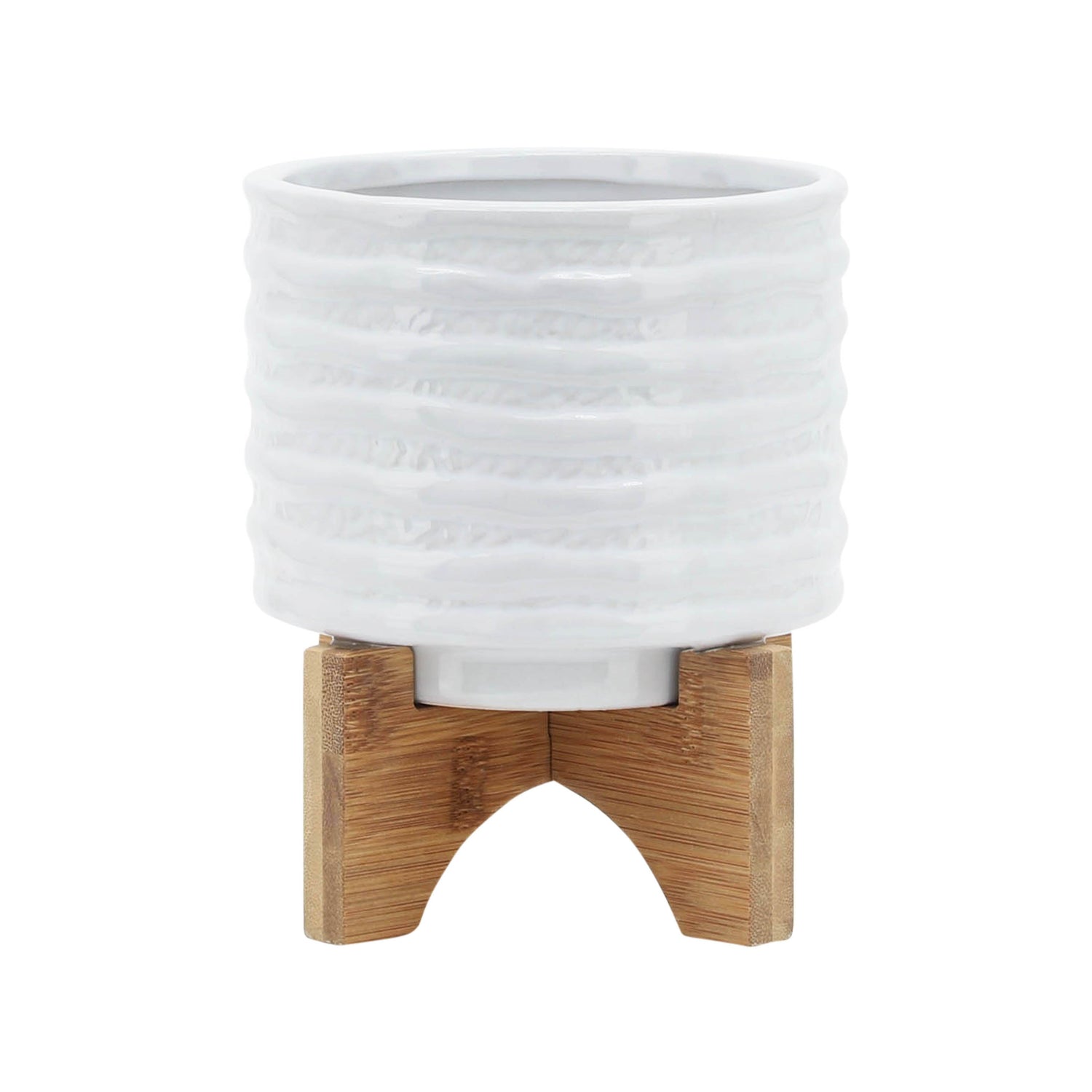 Ceramic Stripe Planter On Stand 5" - White