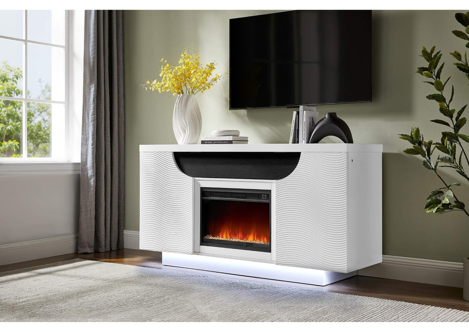 AILEEN-WHT-EU_66_W_LED_&_SPKR AILEEN WHITE 66" ENT UNIT W - LED, SPEAKERS, CRYSTAL AND POP-UP DOORS