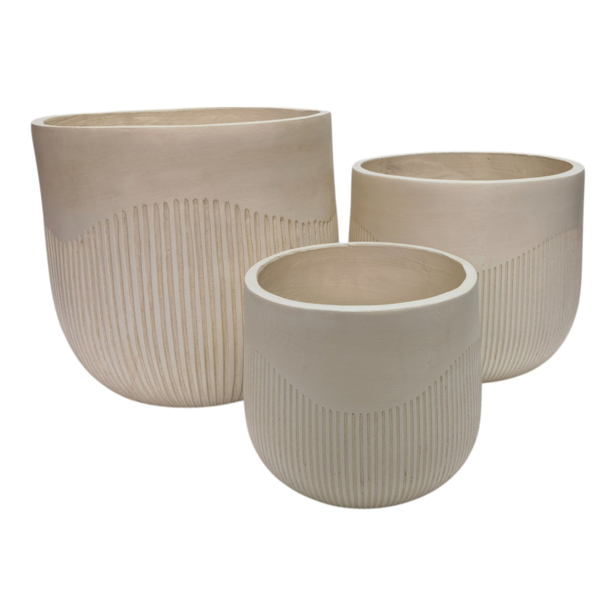 11" / 14" / 18" Resin Planters With Wavy Ribbing (Set of 3) - Ivory