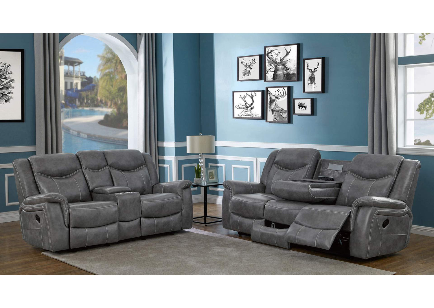 Conrad 2-piece Upholstered Padded Arm Motion Sofa Set Grey