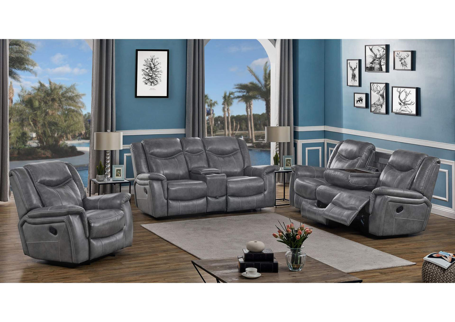 Conrad 3-piece Upholstered Padded Arm Motion Sofa Set Grey