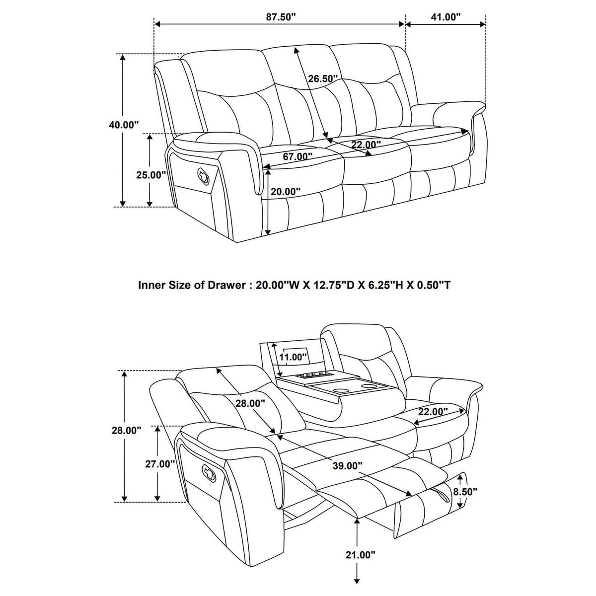 650354 Conrad Upholstered Padded Arm Motion Sofa Grey