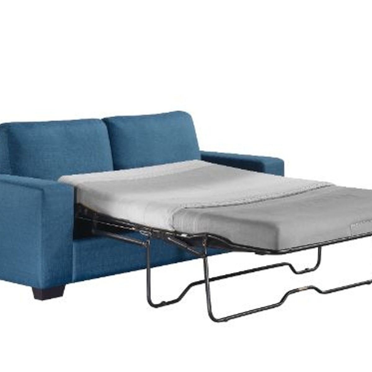 Blue sofa bed with a pull-out mechanism on a white background