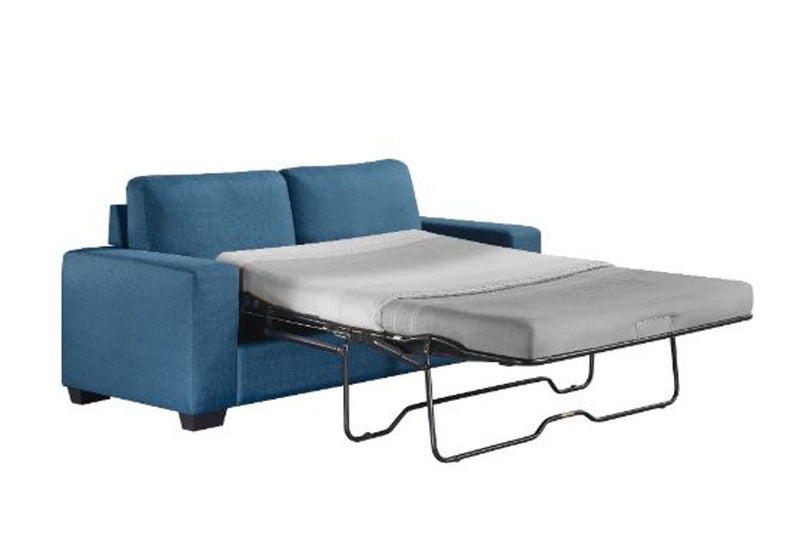 Blue sofa bed with a pull-out mechanism on a white background