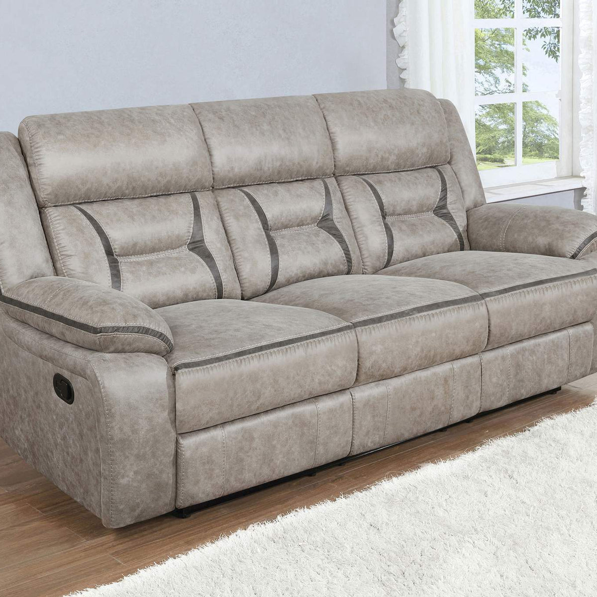 651351 Greer Upholstered Motion Reclining Sofa Taupe