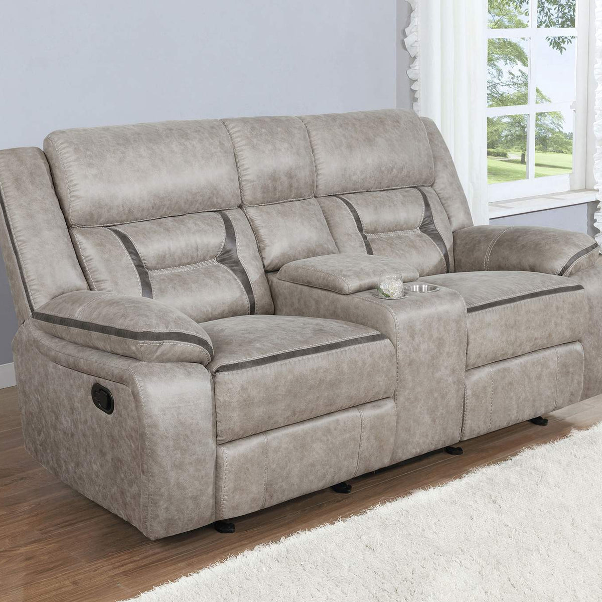 651352 Greer Upholstered Motion Reclining Loveseat Taupe