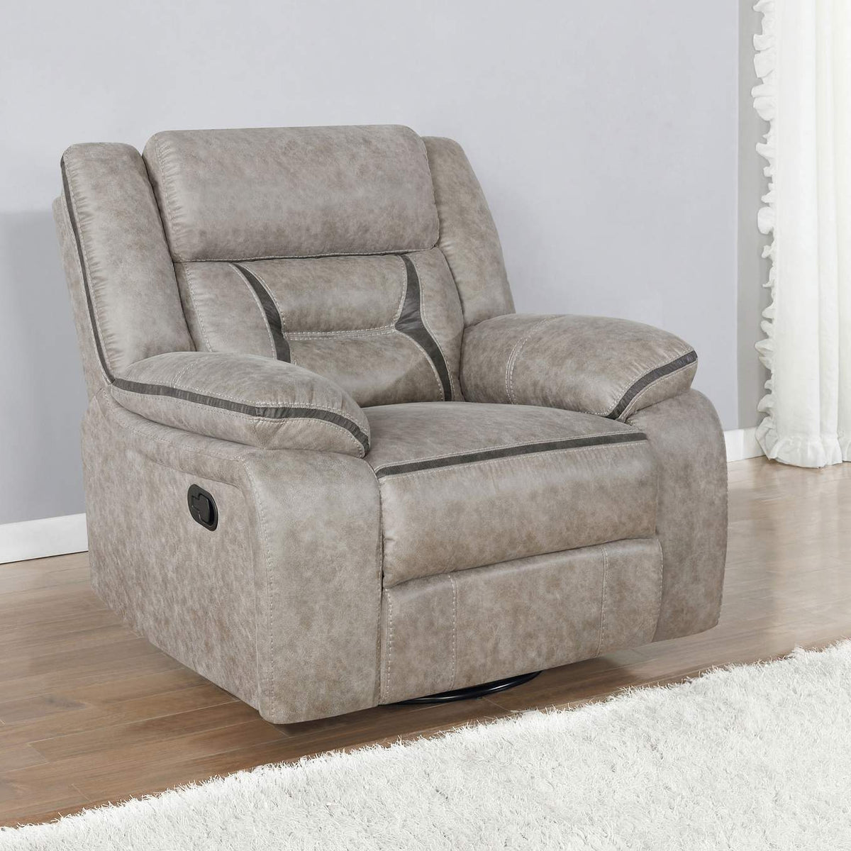 651353 Greer Upholstered Swivel Glider Recliner Chair Taupe