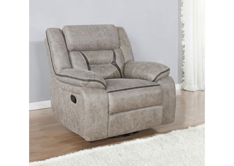 651353 Greer Upholstered Swivel Glider Recliner Chair Taupe