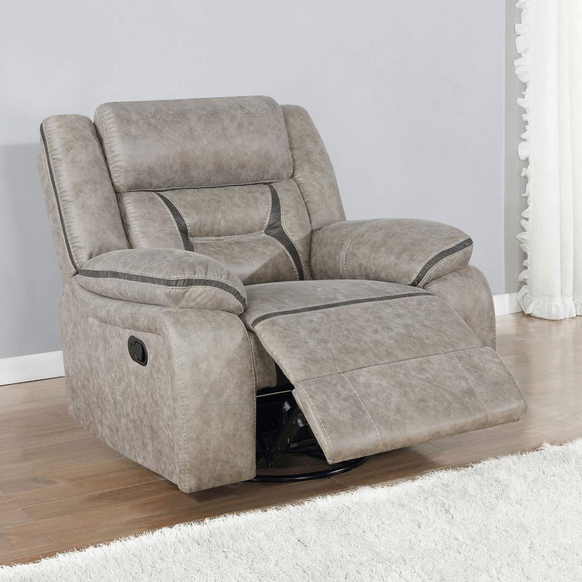 651353 Greer Upholstered Swivel Glider Recliner Chair Taupe