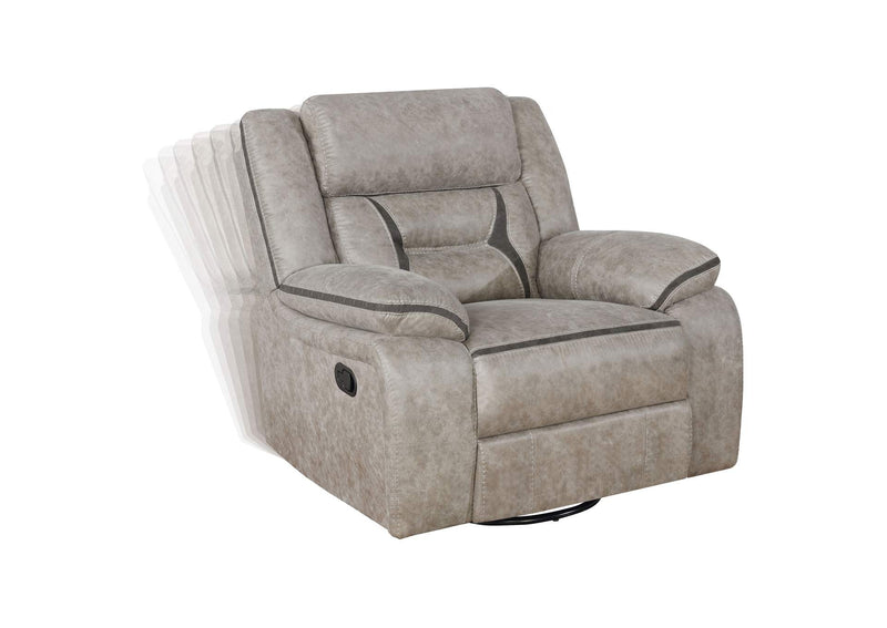 651353 Greer Upholstered Swivel Glider Recliner Chair Taupe
