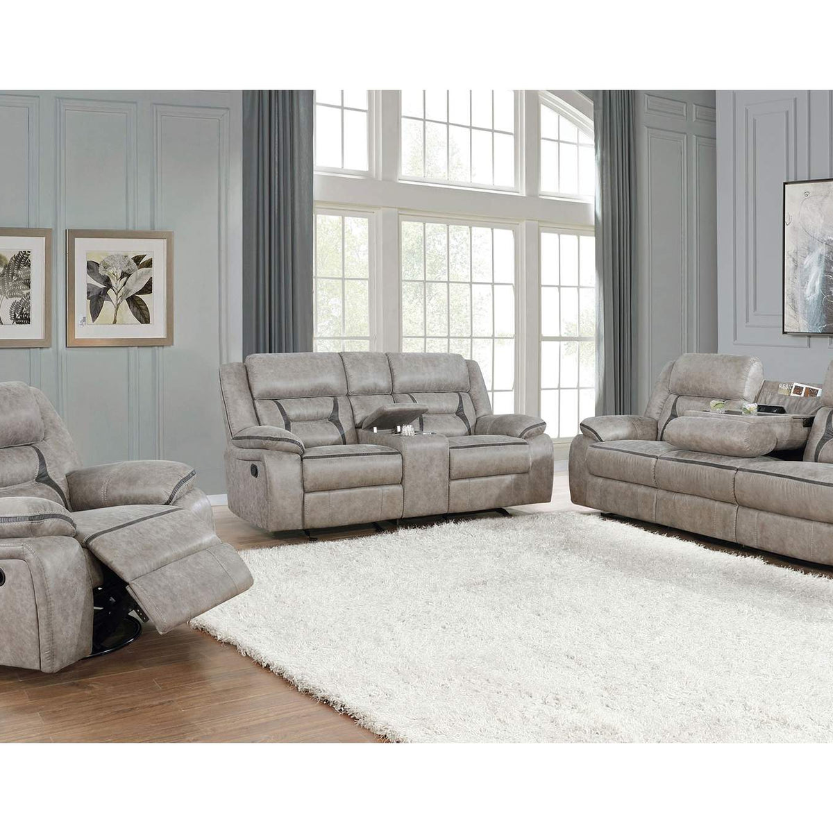 651353 Greer Upholstered Swivel Glider Recliner Chair Taupe