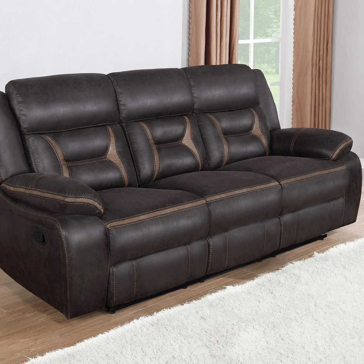 651354 Greer Upholstered Motion Reclining Sofa Brown