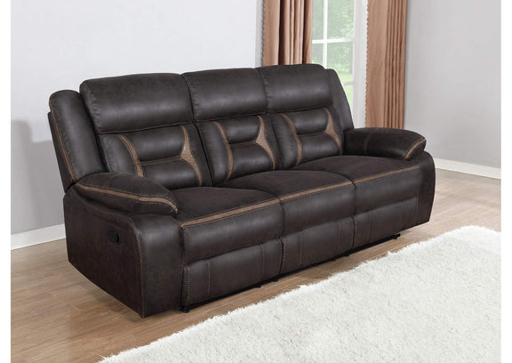 651354 Greer Upholstered Motion Reclining Sofa Brown