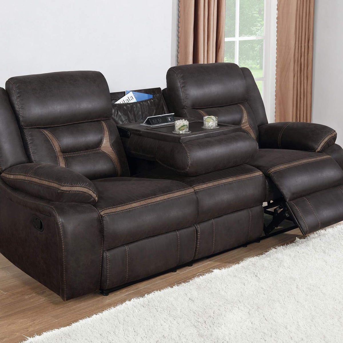 651354 Greer Upholstered Motion Reclining Sofa Brown