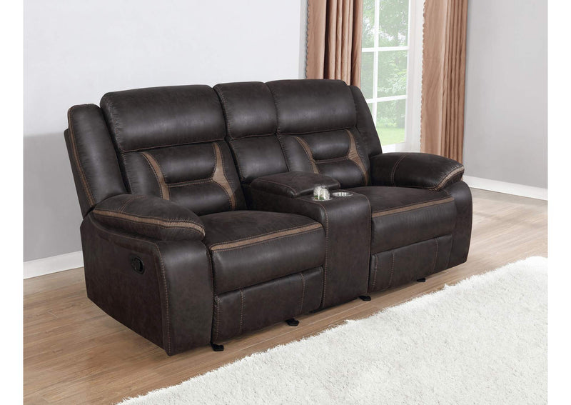 651355 Greer Upholstered Motion Reclining Loveseat Brown