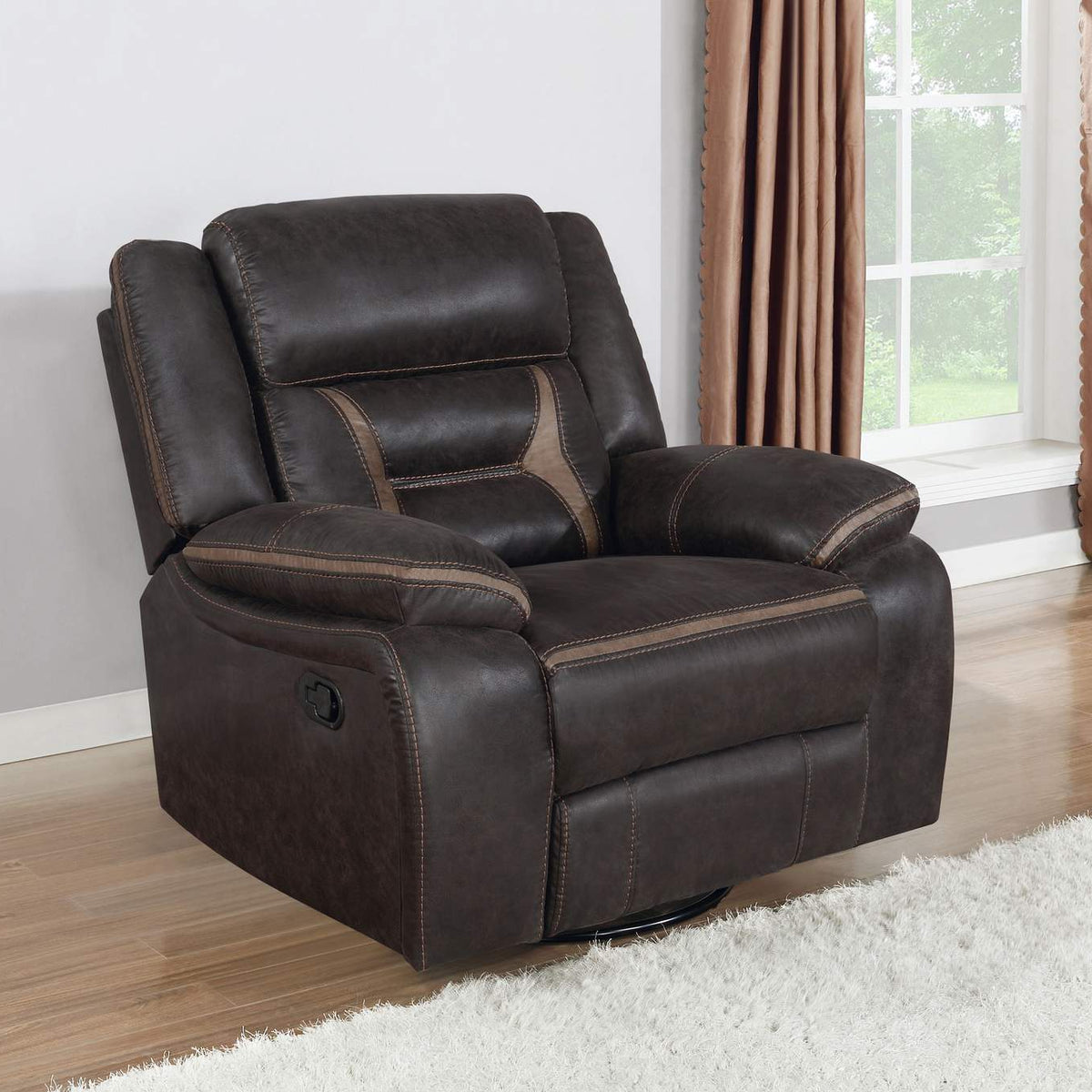 651356 Greer Upholstered Swivel Glider Recliner Chair Brown